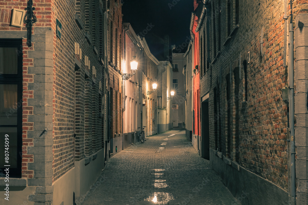 Cityscape with a picturesque night street in Bruges