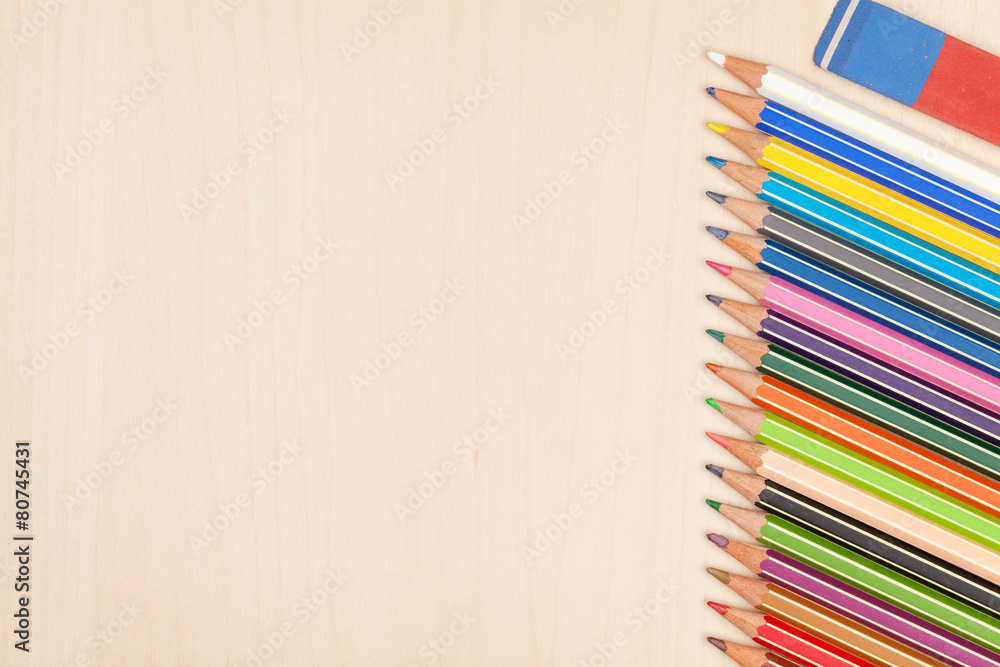 Colorful pencils and eraser Colorful pencils and eraser