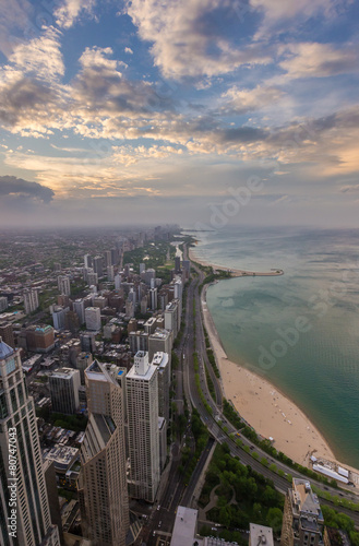 Chicago skyline and lake Michigan at sunset