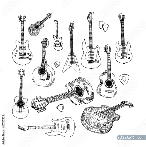 Electric guitar Hand drawn doodle, vector illustration.