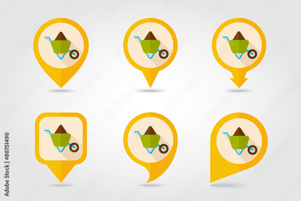 Wheelbarrow carts flat mapping pin icon with long shadow Wheelbarrow carts flat mapping pin icon with long shadow