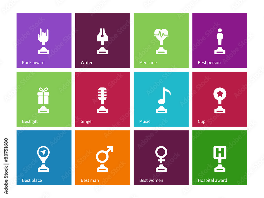 Prize and awards icons on color background.