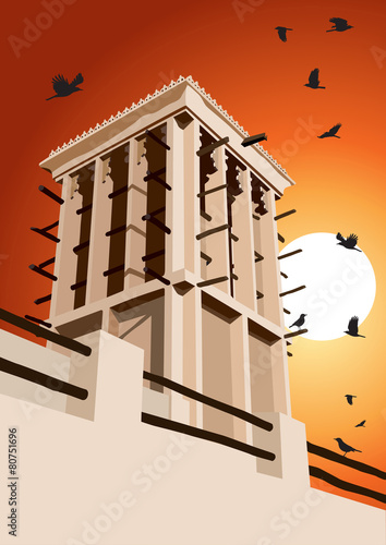 Historical Wind Tower and Birds Vector Illustration Dubai, Unite