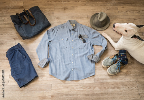 Fashion vintage male outfit, cloth and accessories and bullterri