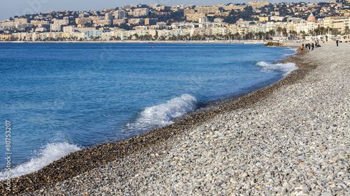 Картината върху платно Nice, France. Beach, line of a surf. Cloudy spring day.