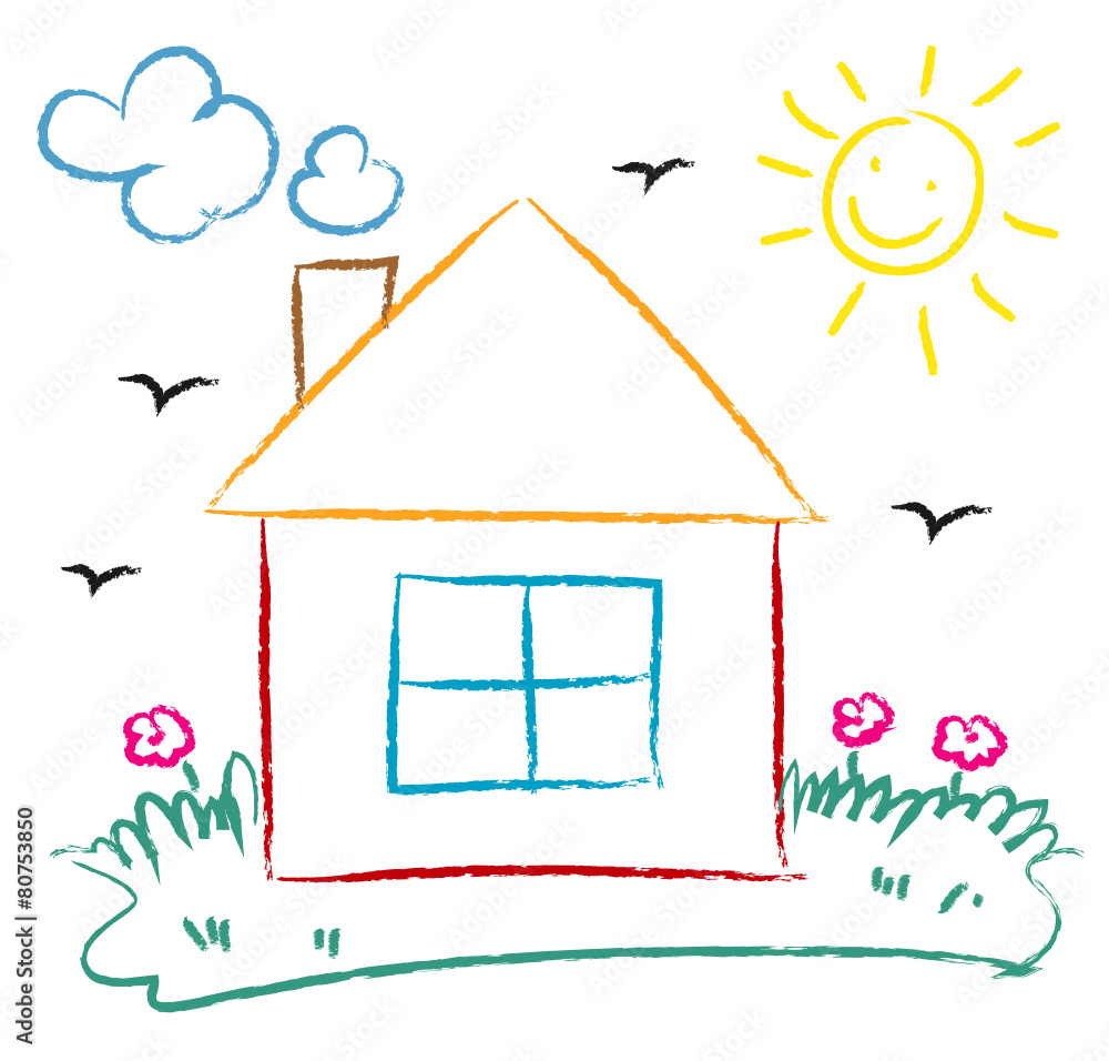 drawing children with house, sun and flowers - obrazy, fototapety, plakaty 