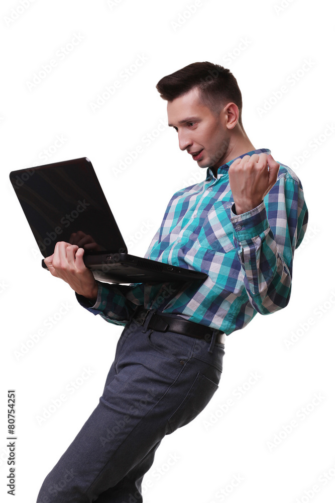 Man With Microphone Holding Laptop On White Background Man With Microphone Holding Laptop On White Background