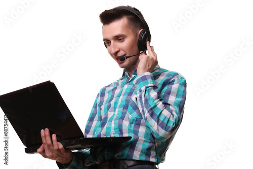 Young Man with Headset Holding Laptop - Call center man with hea
