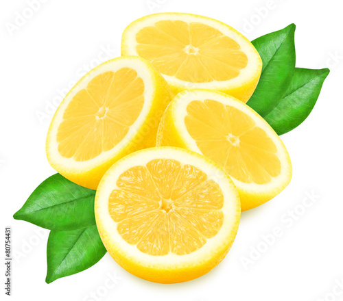 Juicy yellow lemons with leaves on a white background isolated