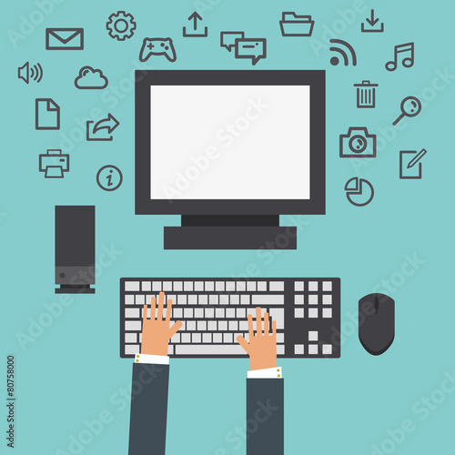 Human hand, computer keyboard, monitor and interface icons