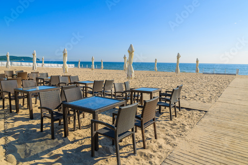 Chairs on beach in Sopot town in summer, Baltic Sea, Poland