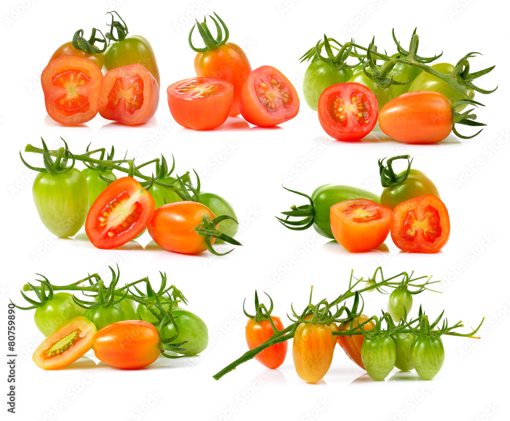 set of cherry tomatoes isolated on white background set of cherry tomatoes isolated on white background