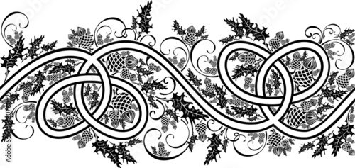 border with celtic ornament and flowers thistle black and white