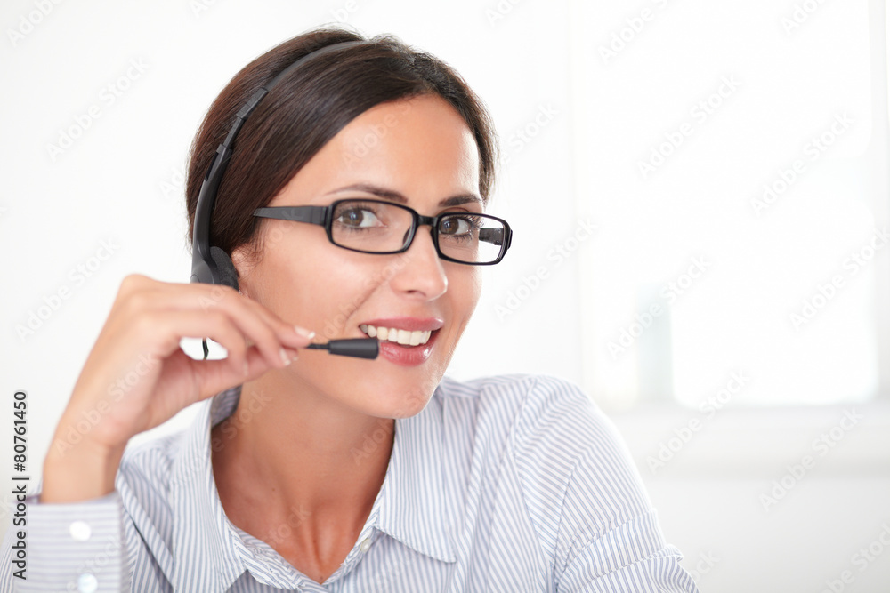 Pretty adult woman doing customer service Pretty adult woman doing customer service