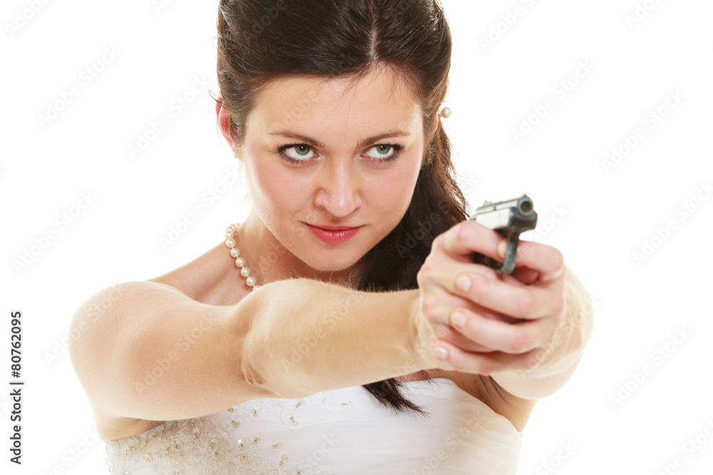 Angry bride with gun isolated on white. Angry bride with gun isolated on white.