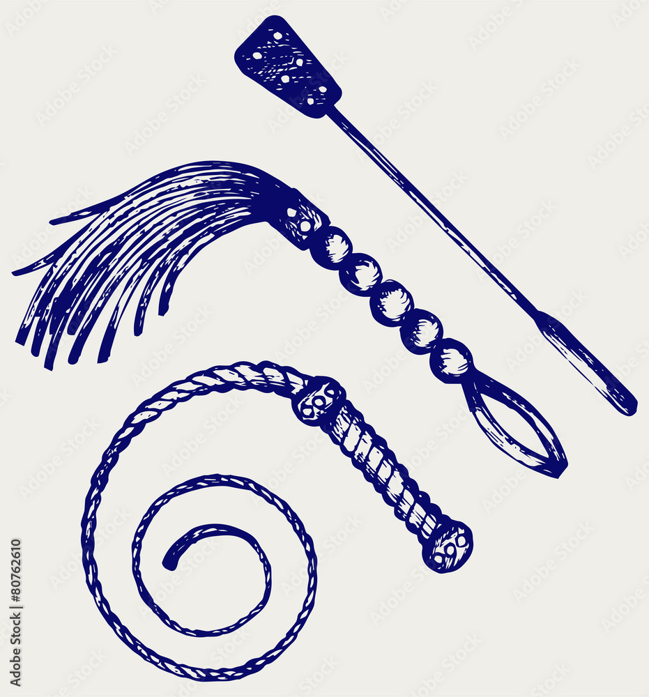 Different types of whips for sexual role-playing and SM games Stock Vector