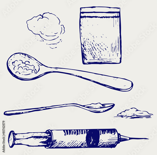 Drug syringe. Cooked heroin on spoon. Doodle style