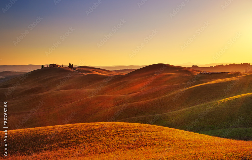 Tuscany, sunset rural landscape. Rolling hills, countryside farm