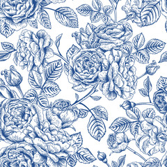 Acrylglasbilder Blau-weiße Muster Nahtloses Rosenmuster im Vintage Stil  © Lisla