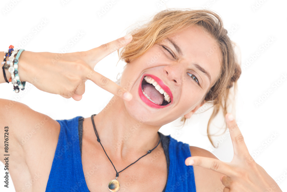 Emotional beautiful young woman, pin up style, isolated on a whi