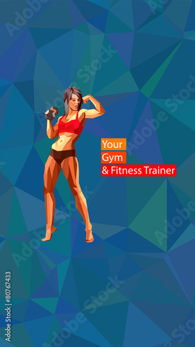Colored posing fitness woman with dumbbell, silhouette.