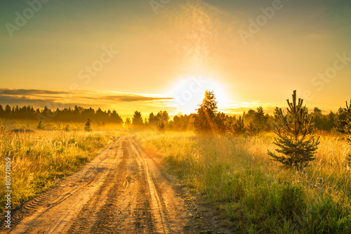 summer rural landscape with sunrise and the road