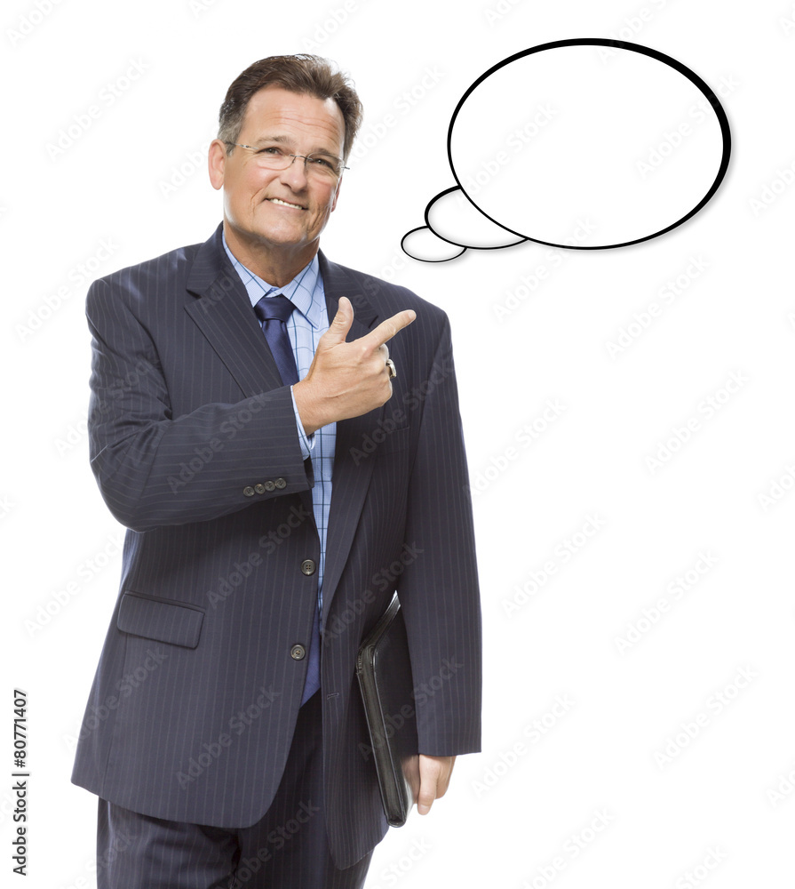 Businessman Pointing to the Blank Thought Bubble on White Businessman Pointing to the Blank Thought Bubble on White