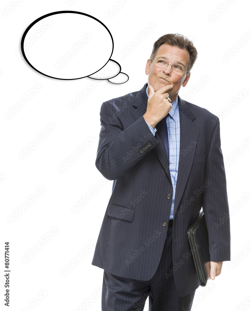 Pensive Businessman Looking Up At Blank Thought Bubble Pensive Businessman Looking Up At Blank Thought Bubble