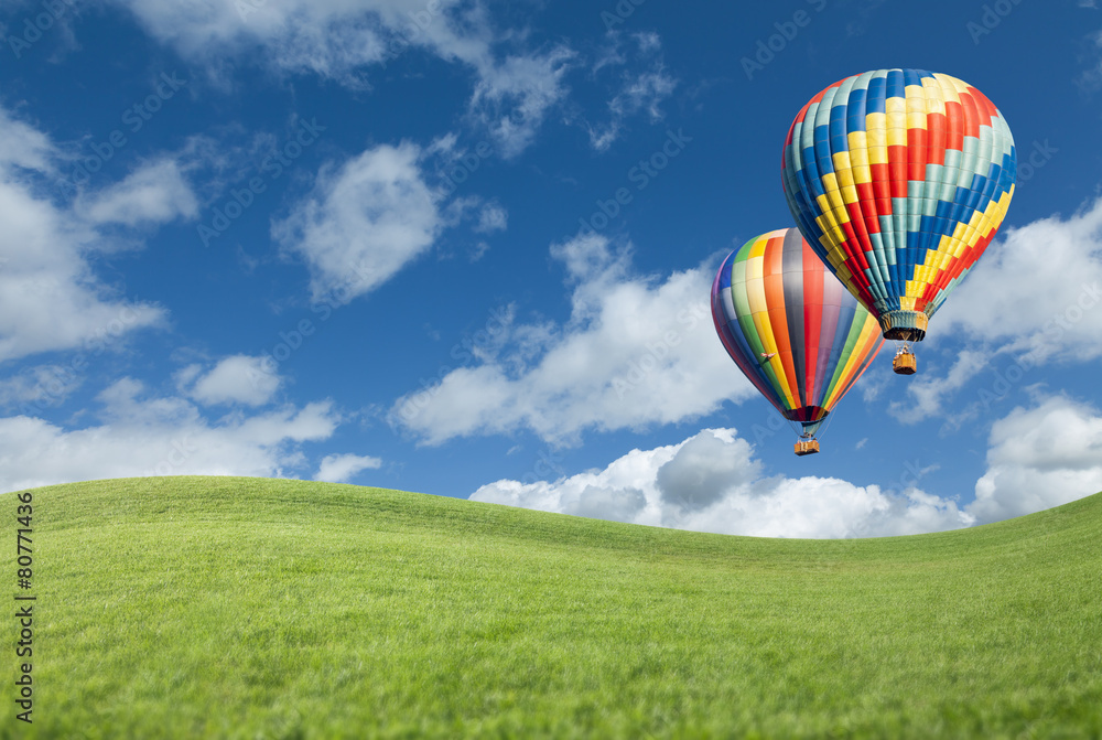 Naklejka premium Hot Air Balloons In Beautiful Blue Sky Above Grass Field