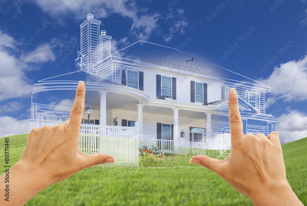Female Hands Framing House Drawing and House Above Grass - obrazy, fototapety, plakaty 