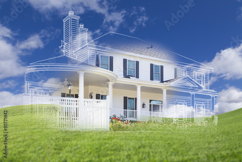 Beautiful Custom House Drawing and Ghosted House Above Grass photo