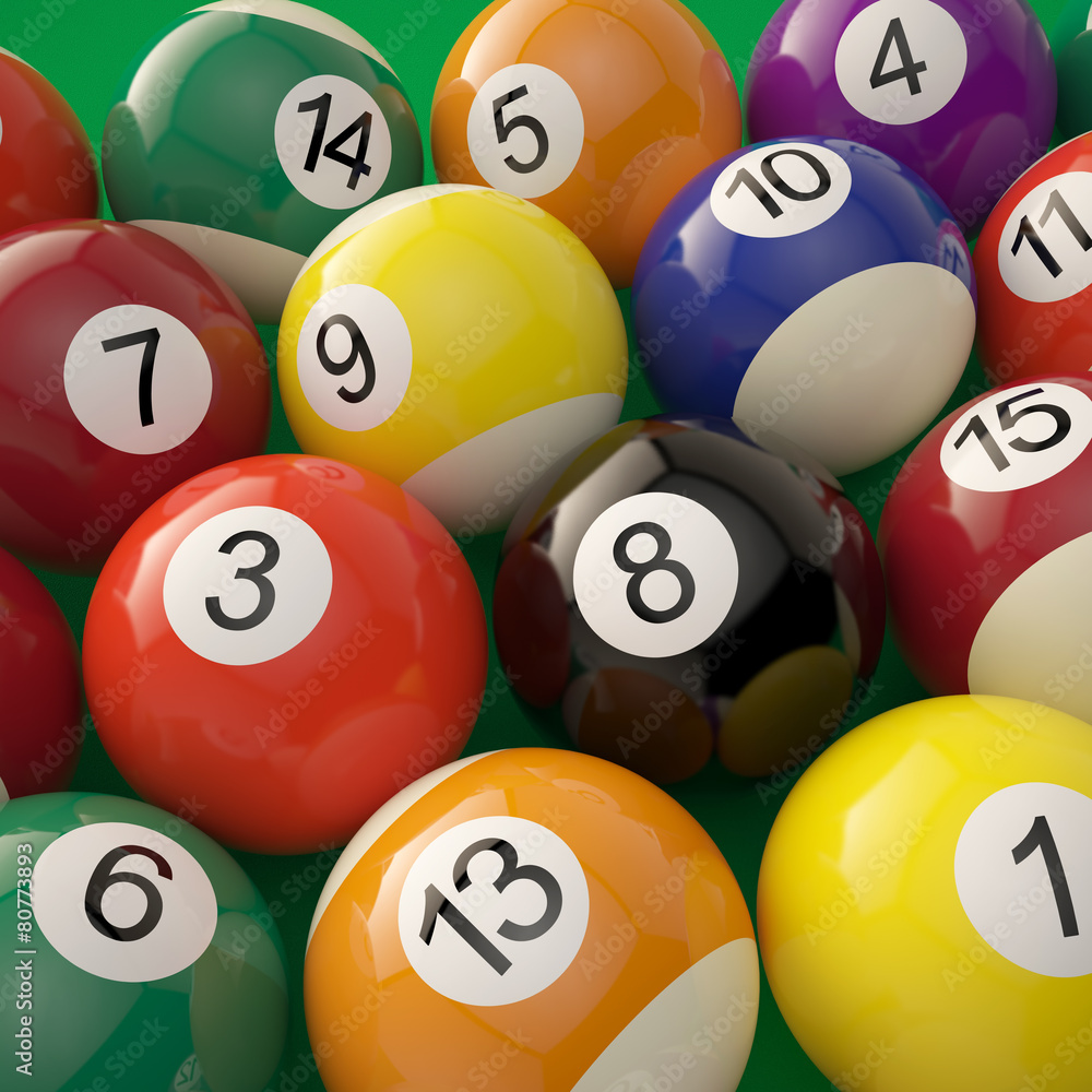 Billiard balls on green billiard table Billiard balls on green billiard table