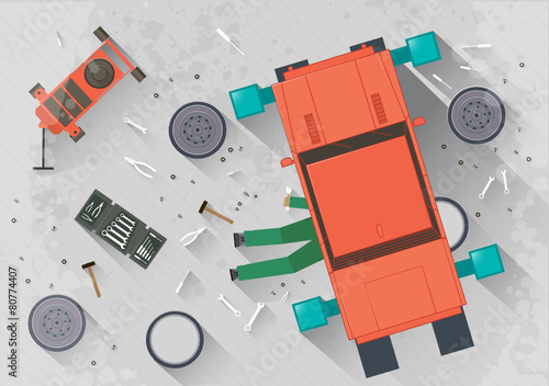 Mechanic repairing the car in the garage Vector illustration