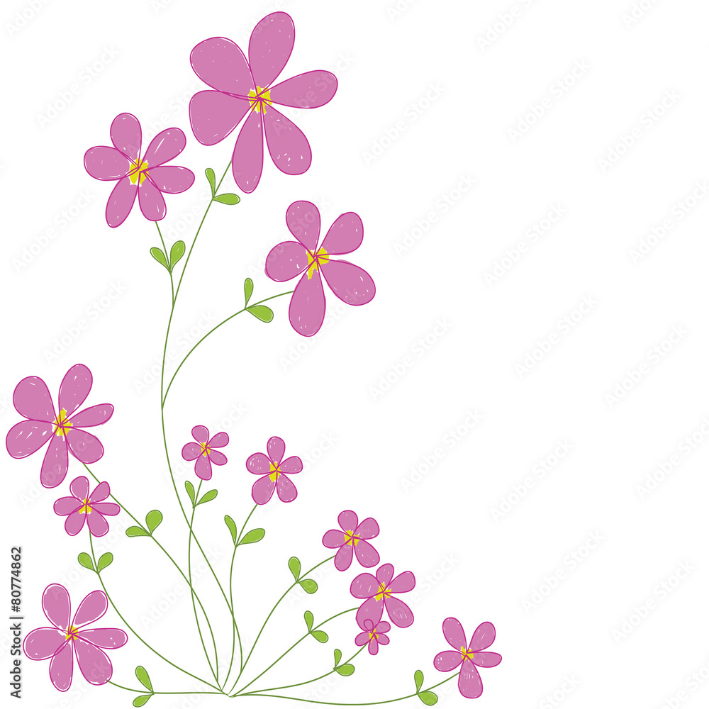 sweet pink doodle flowers with white space background isolated v