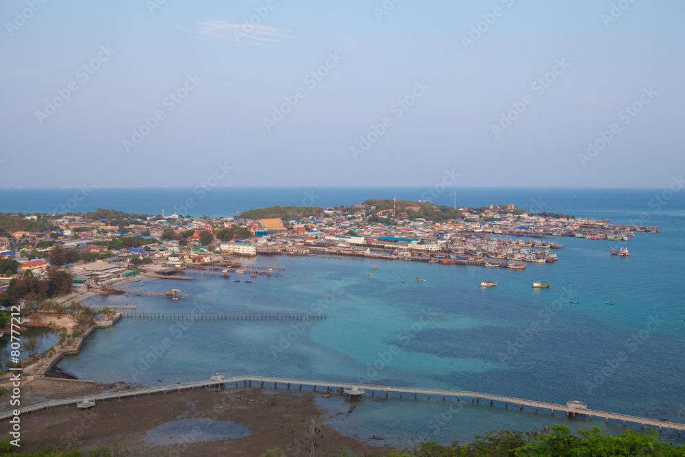 Aerial view of fishermen town on sunset