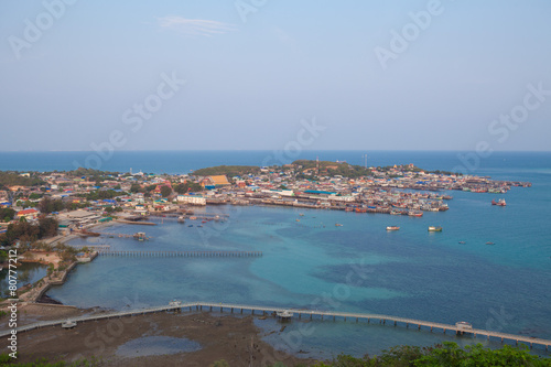 Aerial view of fishermen town on sunset
