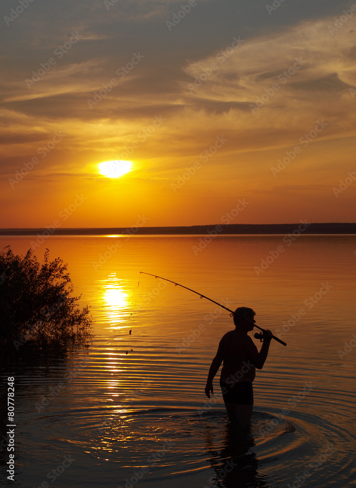 Fisherman catches fish by spinning on the lake at sunset