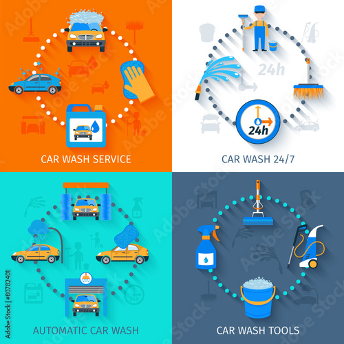 Car wash service  4 icons flat