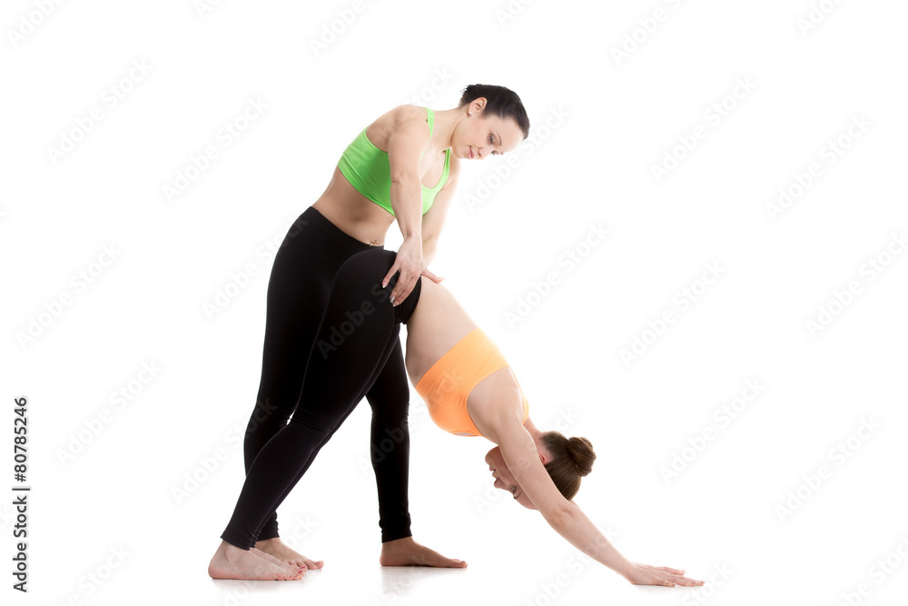 Yoga with instructor, adho mukha svanasana Yoga with instructor, adho mukha svanasana