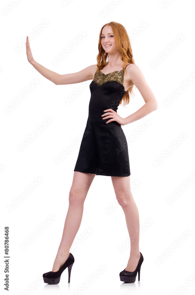 A girl in elegant black mini dress isolated on white A girl in elegant black mini dress isolated on white