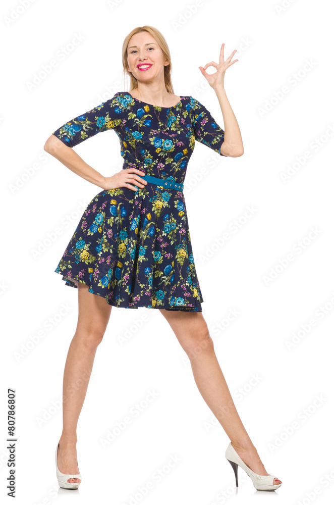 Woman in dark blue floral dress isolated on white Woman in dark blue floral dress isolated on white