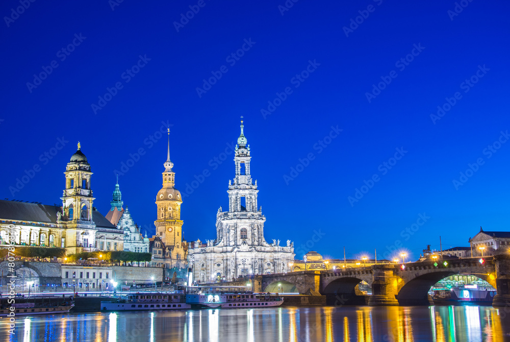 Dresden skyline at night near river