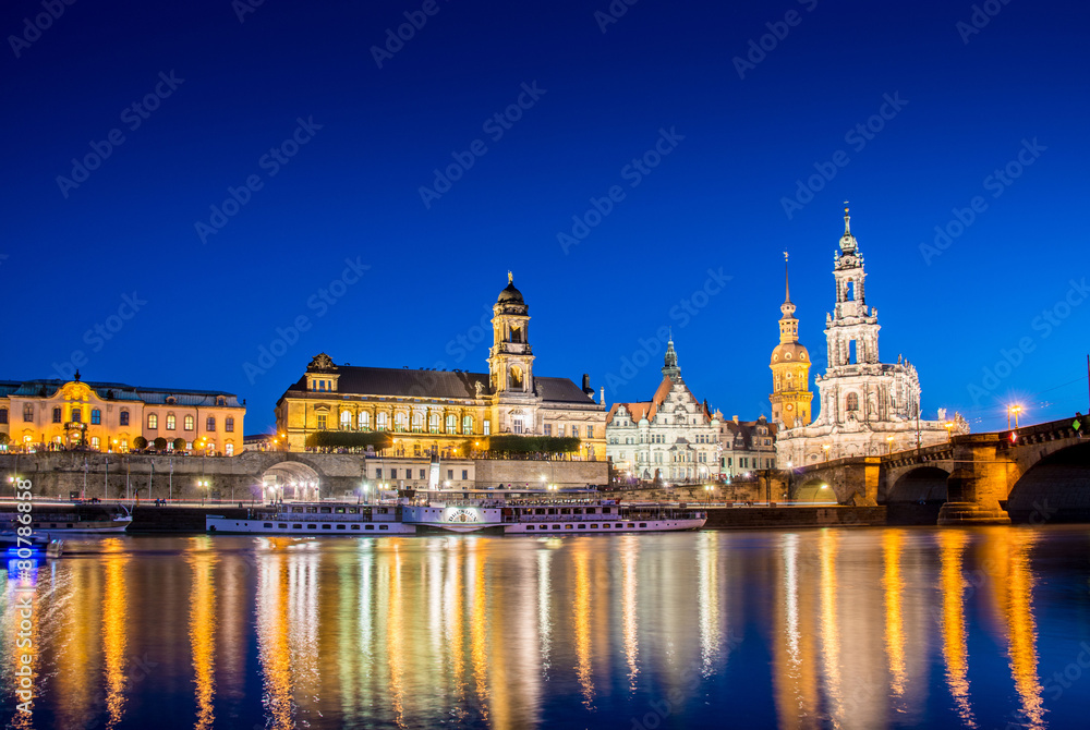 Dresden skyline at night near river