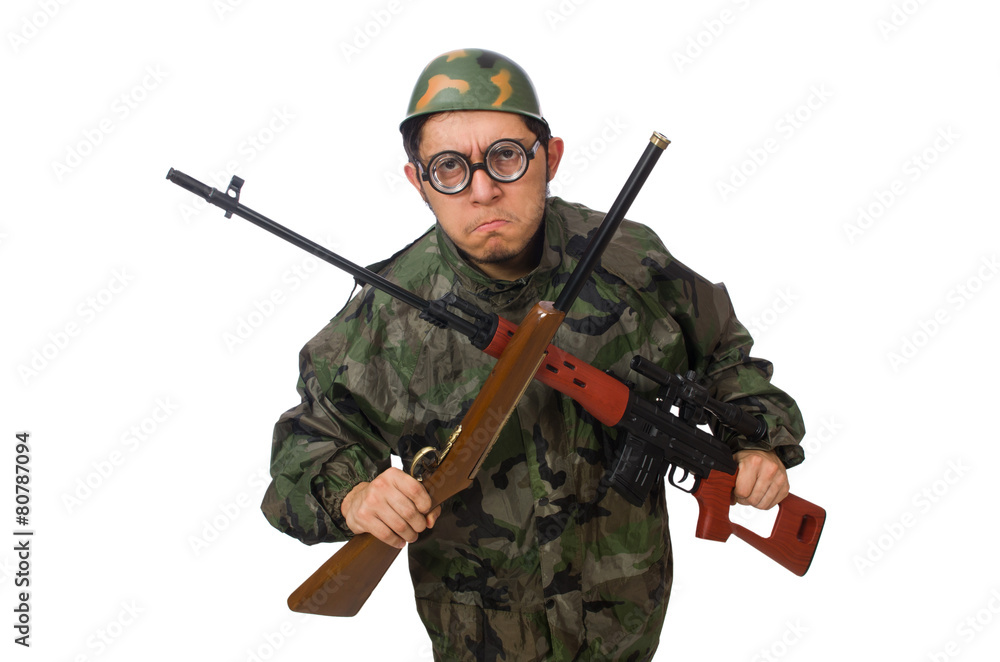 Military man with a gun isolated on white Military man with a gun isolated on white