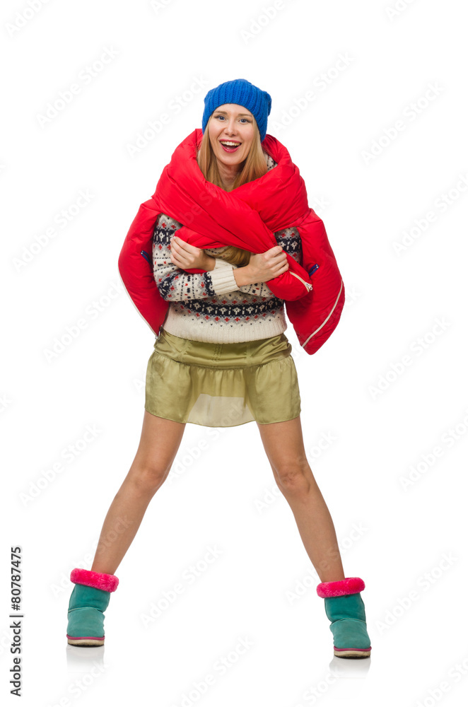 A girl in bright winter clothes isolated on white A girl in bright winter clothes isolated on white
