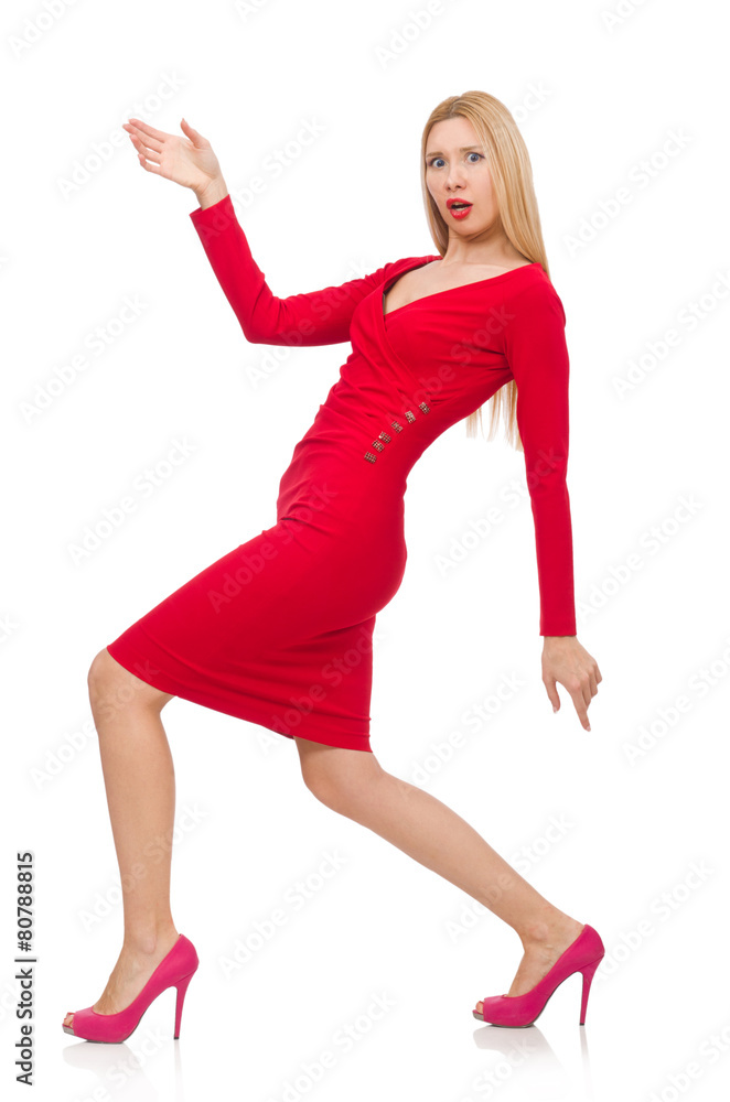 Woman in elegenat long red dress isolated on white Woman in elegenat long red dress isolated on white