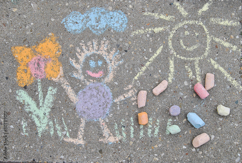 sidewalk spring chalk painting with sun, flower and doll