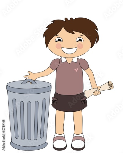 Smiling cartoon girl throwing out the trash