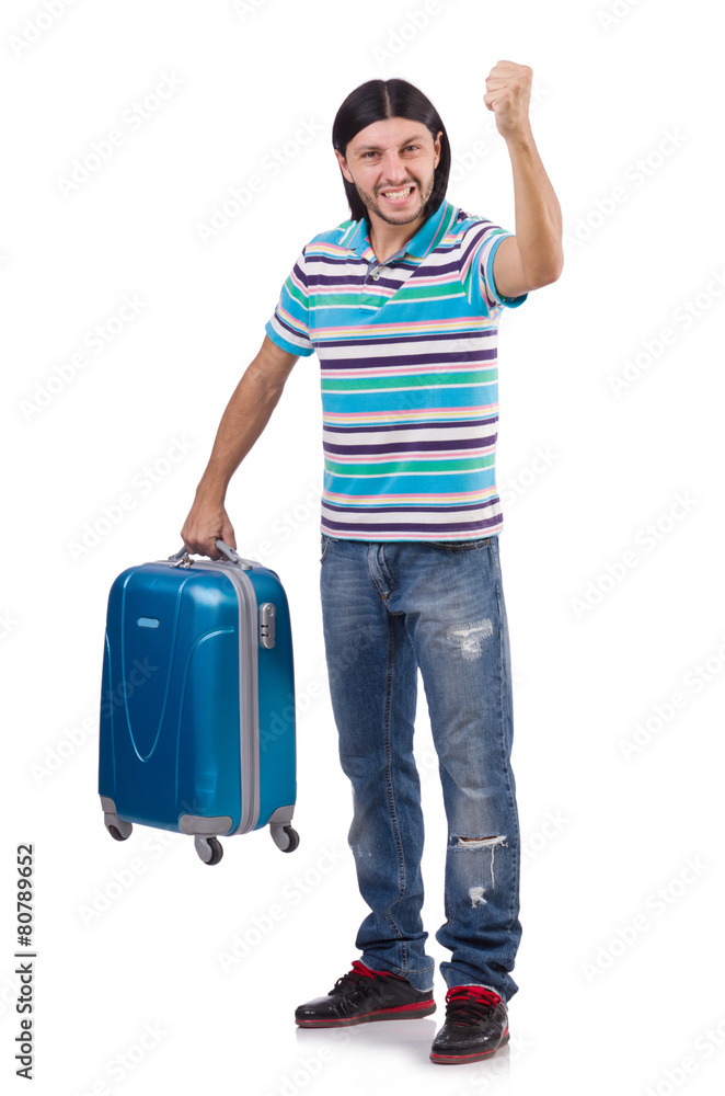 Young man with suitcase isolated on white Young man with suitcase isolated on white