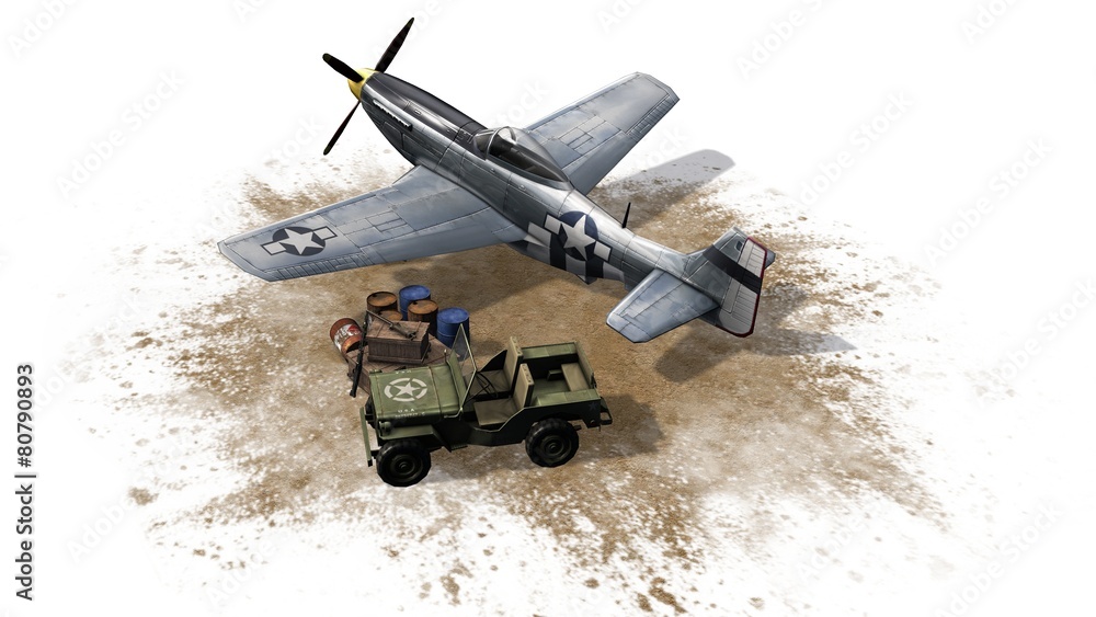 Fighter Airplane P-51 and jeep - isolated on white background Fighter Airplane P-51 and jeep - isolated on white background